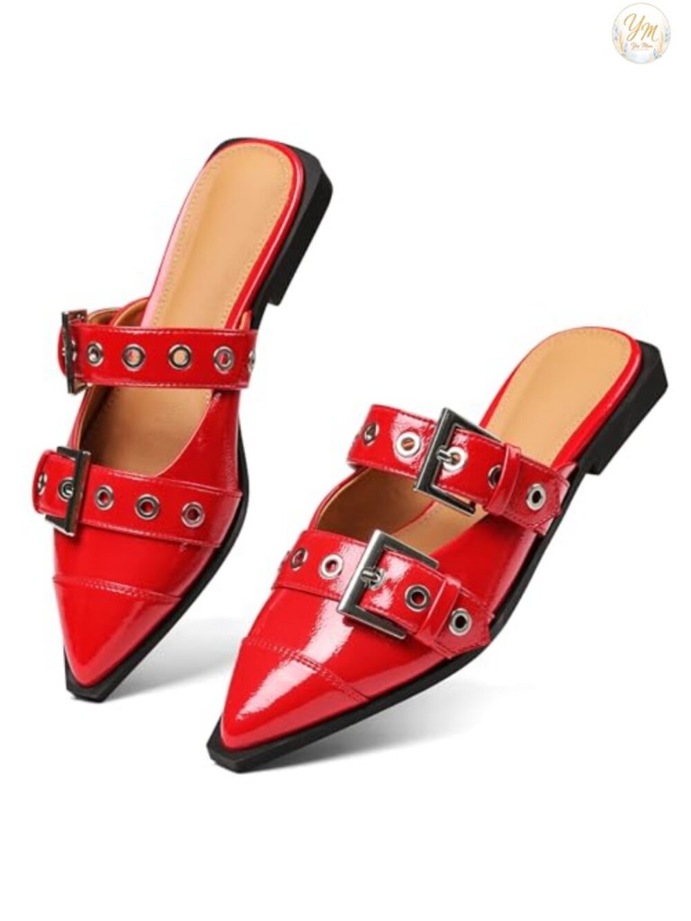 Pointy Toe Mules Low Block Heel Buckle Flats Vegan Leather Women